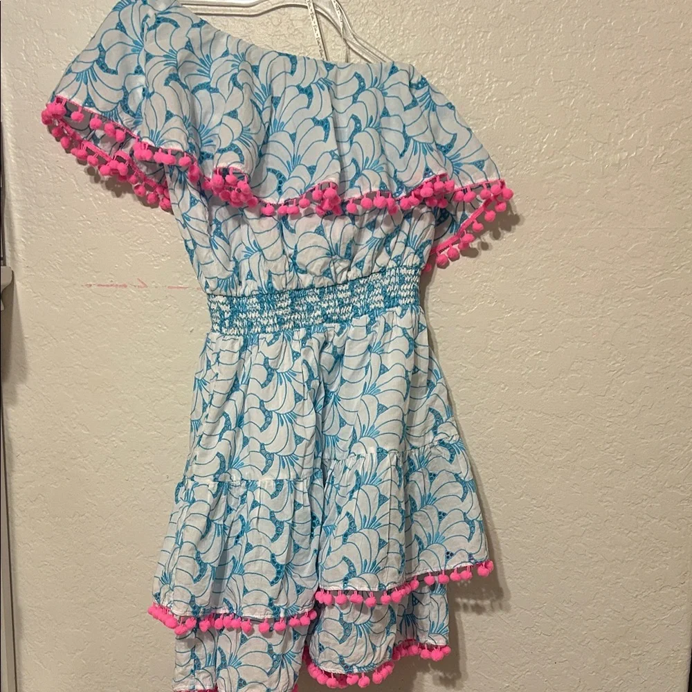 🎠Lilly Pulitzer Embroidered Fabric Addilyn one shoulder eyelet Pom Pom dress S - Picture 3 of 12